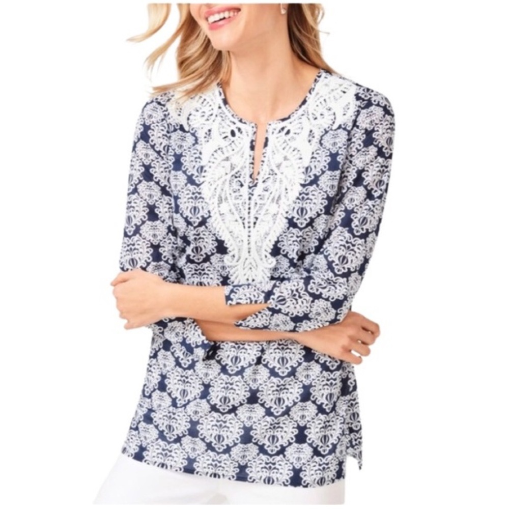 Talbots Lace Trim Tunic Top Blue White Medallion Print Lightweight Coastal 2X